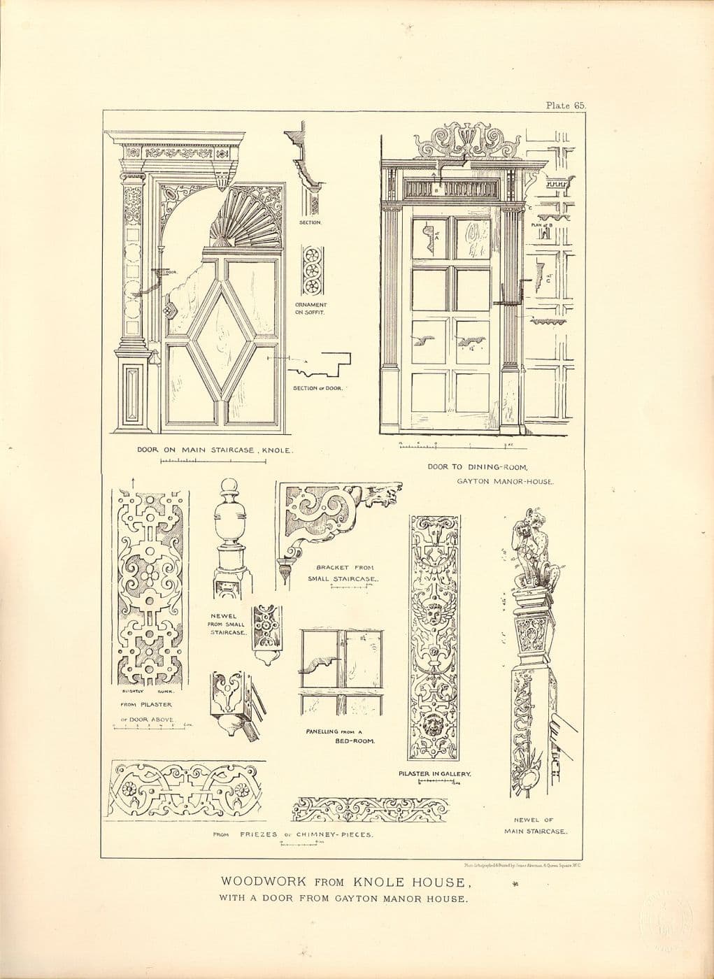Historic plate showing carved Renaissance woodwork from Knole and a paneled door